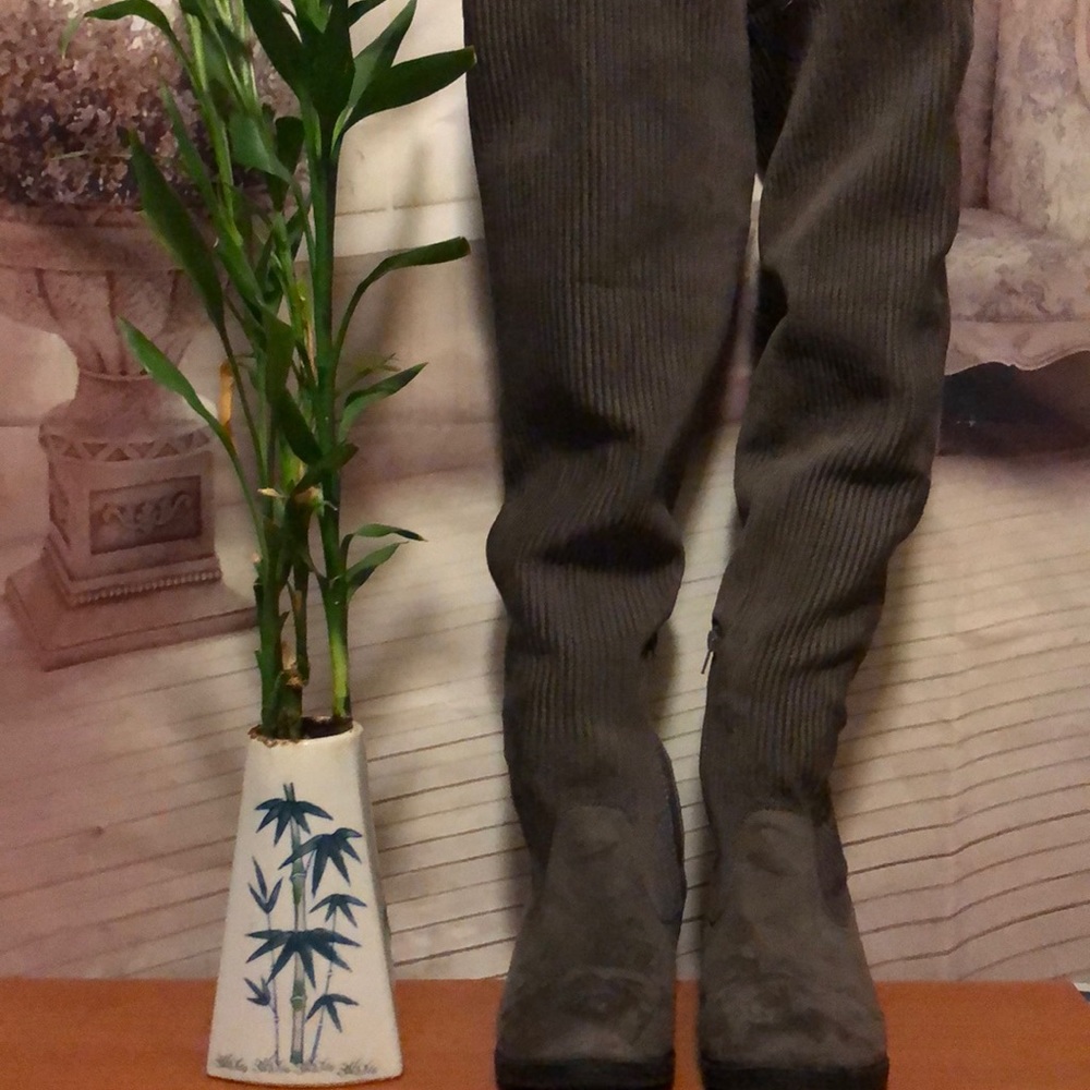 Bamboo Grey Corduroy Pull-up Thigh high  Boots 9